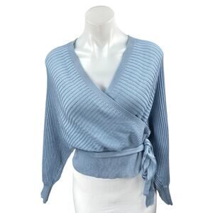 Love Tree Women's Blue Ribbed Knit Long Dolman Sleeve Wrap Sweater Top Size M